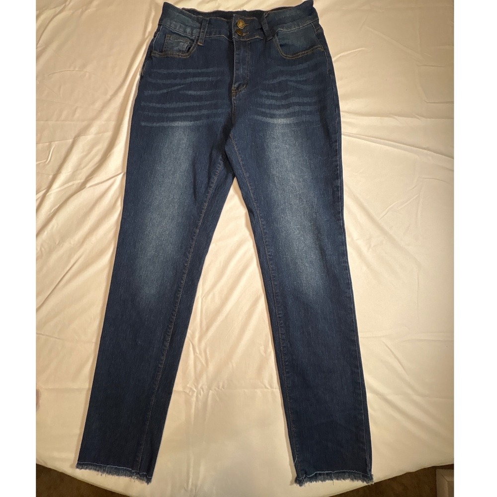 Dark Wash High Waisted Skinny Jeans Raw Hem Distressed Back Pocket Size M